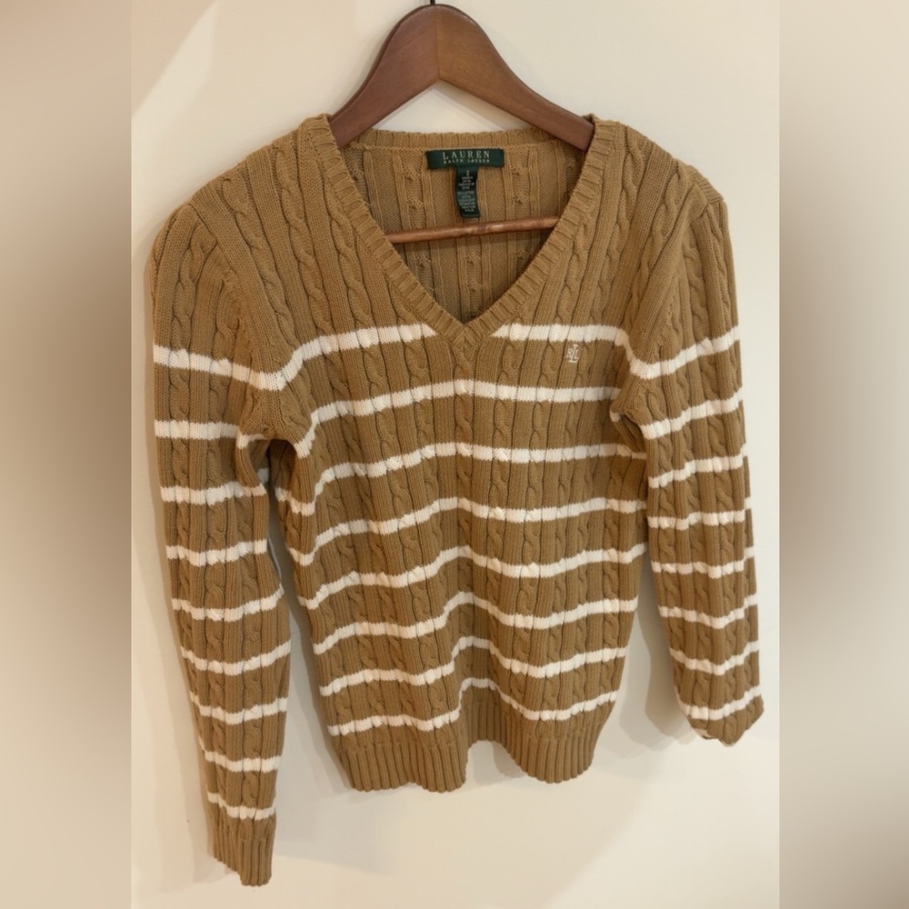 Ralph Lauren Camel and White V-Neck Sweater
